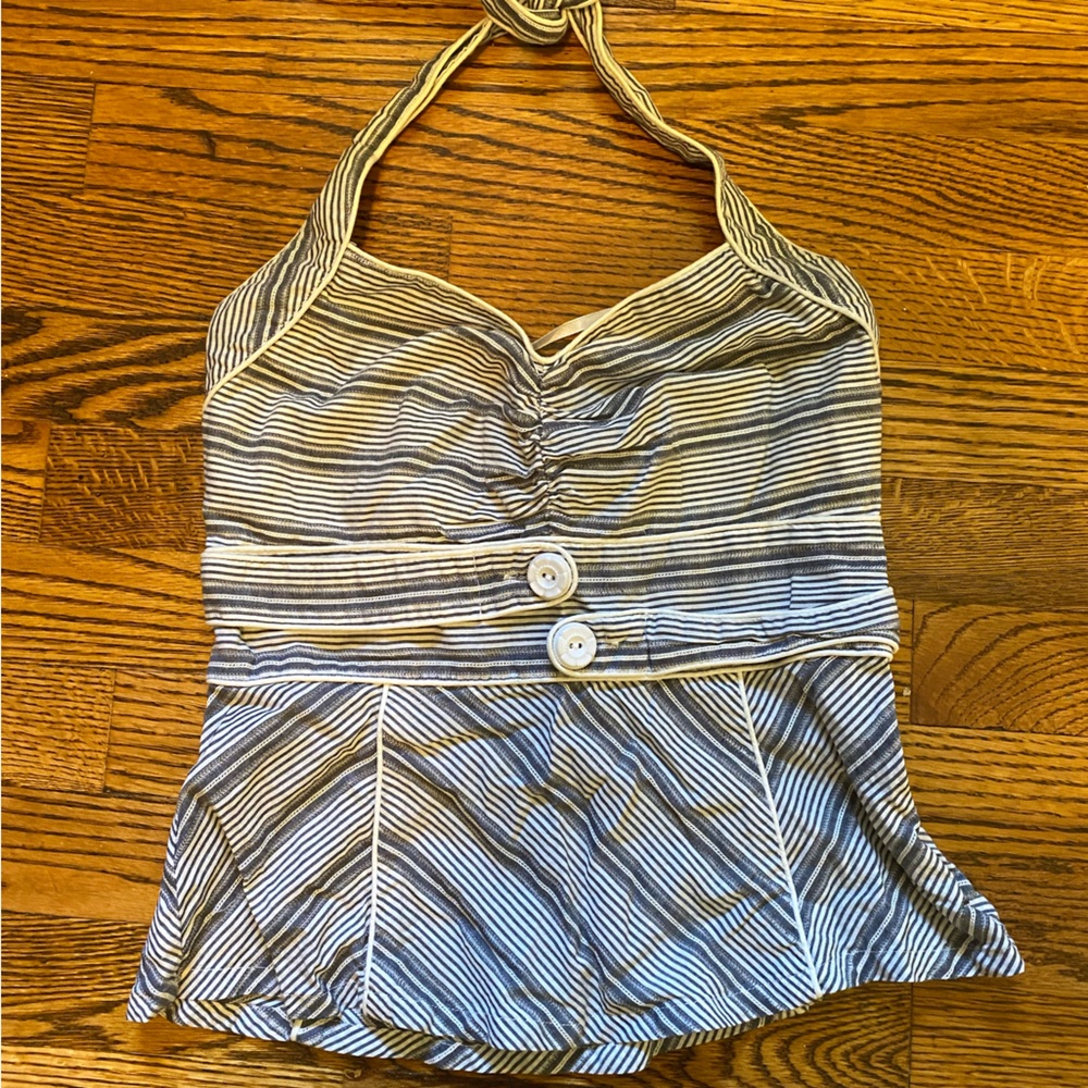 Floreat Blue & White Striped Halter with Button Appliqué | 2